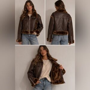 Hudson Aviator Jacket Brown Faux Shearling Trim Vegan Leather Size S NWT